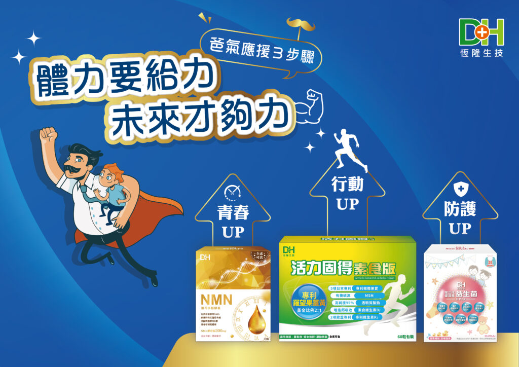 爸氣應援３步驟，就交給 #DH恆隆生技   步驟➊【NMN酵母多酚】- 啟動青春⏰ ✅高濃度天然酵母NMN ✅專家學者關注成分 ✅維持青春真正有感   步驟➋【第三代愛藻益益生菌】 - 保護力A+ 💪 ✅獨特 8株專利益生菌 ✅日本益生質養好菌 ✅配方升級更強化→維生素D3 +葡聚多醣體+乳鐵蛋白   步驟❸ 【活力固得素食版】- 行動給力🏃 ✅羅望果:薑黃=2:1 獨創關鍵有感比例 ✅日本專利橄欖果實，支撐好穩固 ✅美國有機硫源MSM，靈活不卡卡