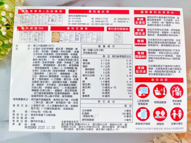 ✨第三代晶速晰-晶亮成分高補給✨長時間使用3C，讓你疲勞了嗎❓採用美國臨床葉黃素與玉米黃素黃金比例10:2 ，游離型雙專利好吸收，2粒達30mg : 6mg高補給劑量✅雨生紅球藻蝦紅素，業界高含量8mg❗️✅日本95%高純度透明質酸鈉💦✅雙重花青素-日本專利黑豆x歐洲專利藍莓✅專利素食微藻DHA✅維生素C +維生素E +鋅+硒酵母。全方位的晶亮水潤配方，適合全家大小，給您清新透徹精彩生活❗️